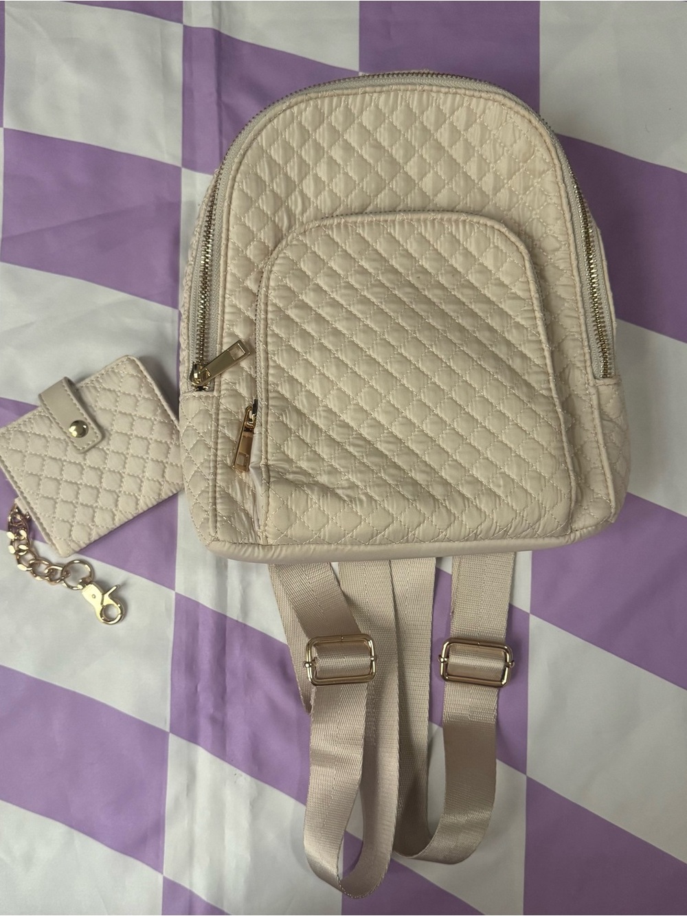 Cynthia Rowley Off-White Eggshell Quilted Mini Backpack with matching wallet